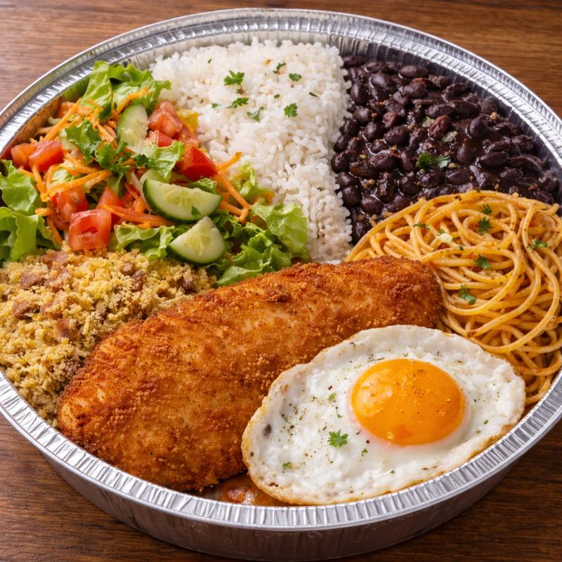 Filé de frango empanado + ovo frita e salada do dia