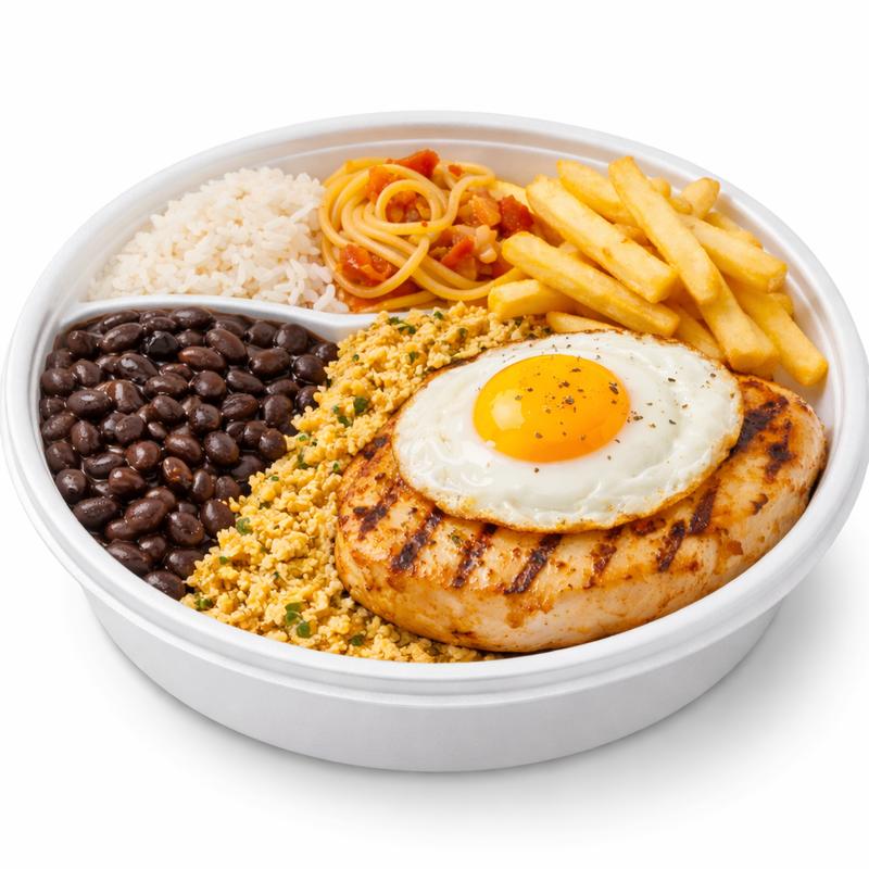 filé de frango grelhado + ovo frito com FRITAS